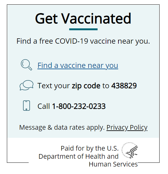 Infographic with link to CDC find a free COVID vaccine near you