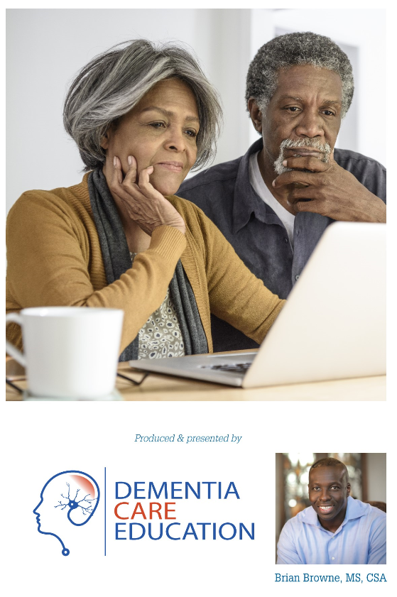 Concerned couple looking at online webinar about Alzheimer's and related dementias at Fellowship Square Historic Mesa