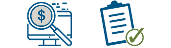 Paying for Senior Living, descriptive icons showing computer search & checklist