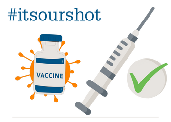 Decorative icon of vaccine with hashtag: it's our shot