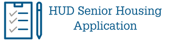 Icon of blue pen & paper, link to print & download HUD senior housing application