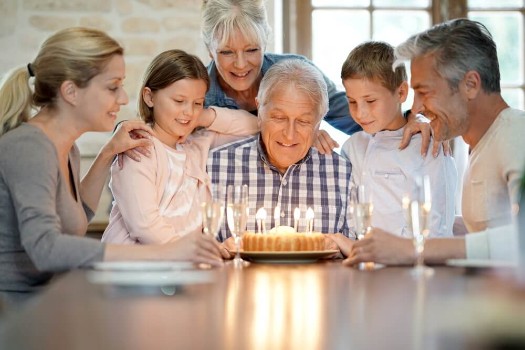 Senior gentleman celebrating his birthday with his family Fellowship Square Senior Living in AZ
