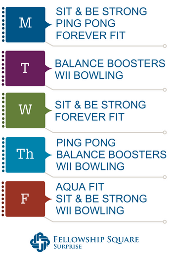 Infographic, summer fitness schedule for seniors at Fellowship Square Independent Living in Surprise, AZ. Click to download