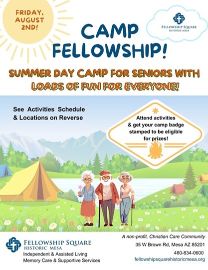 Camp Fellowship summer day camp flyer for seniors at Fellowship Square Historic Mesa.