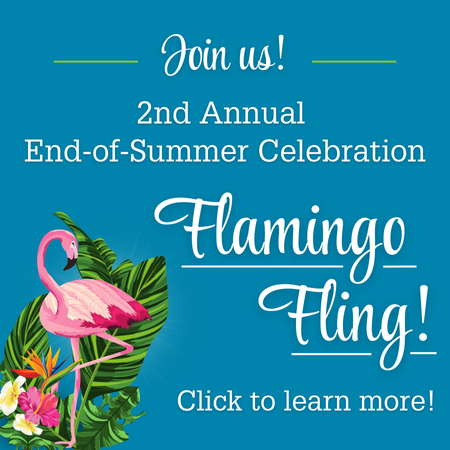 decorative image with a flamingo, click to learn more about our end-of-summer celebration, Flamingo Fling