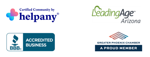 Banner with association logos - Certified Community by Helpany, LeadingAge AZ, BBB, Greater Phoenix Chamber