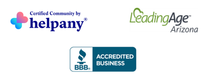 Association logos - Certified Community by helpany, LeadingAge Arizona, BBB
